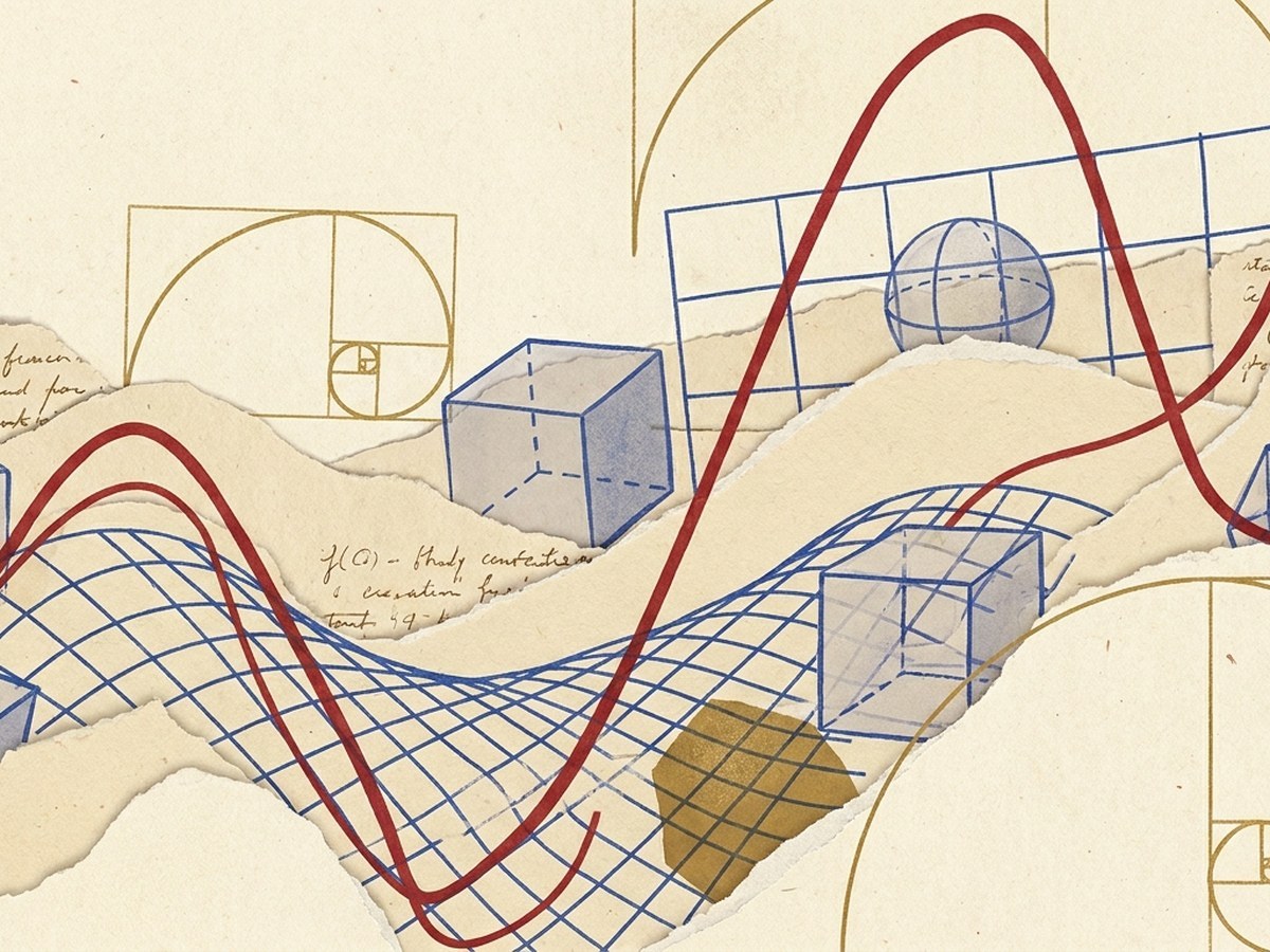 Colorful abstract landscape connecting equations, graphs, and geometric forms