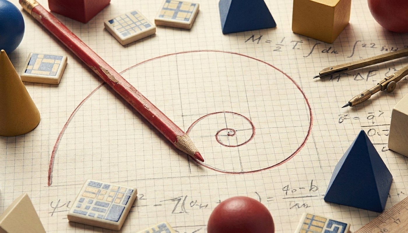 Study desk with graph paper, geometry tools, and colorful mathematical patterns